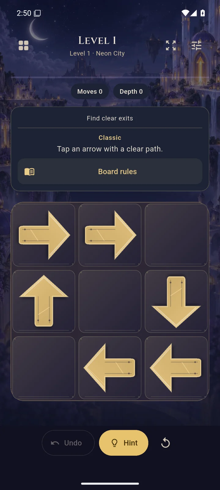 Arrowlands: The first board: find a clear way out.