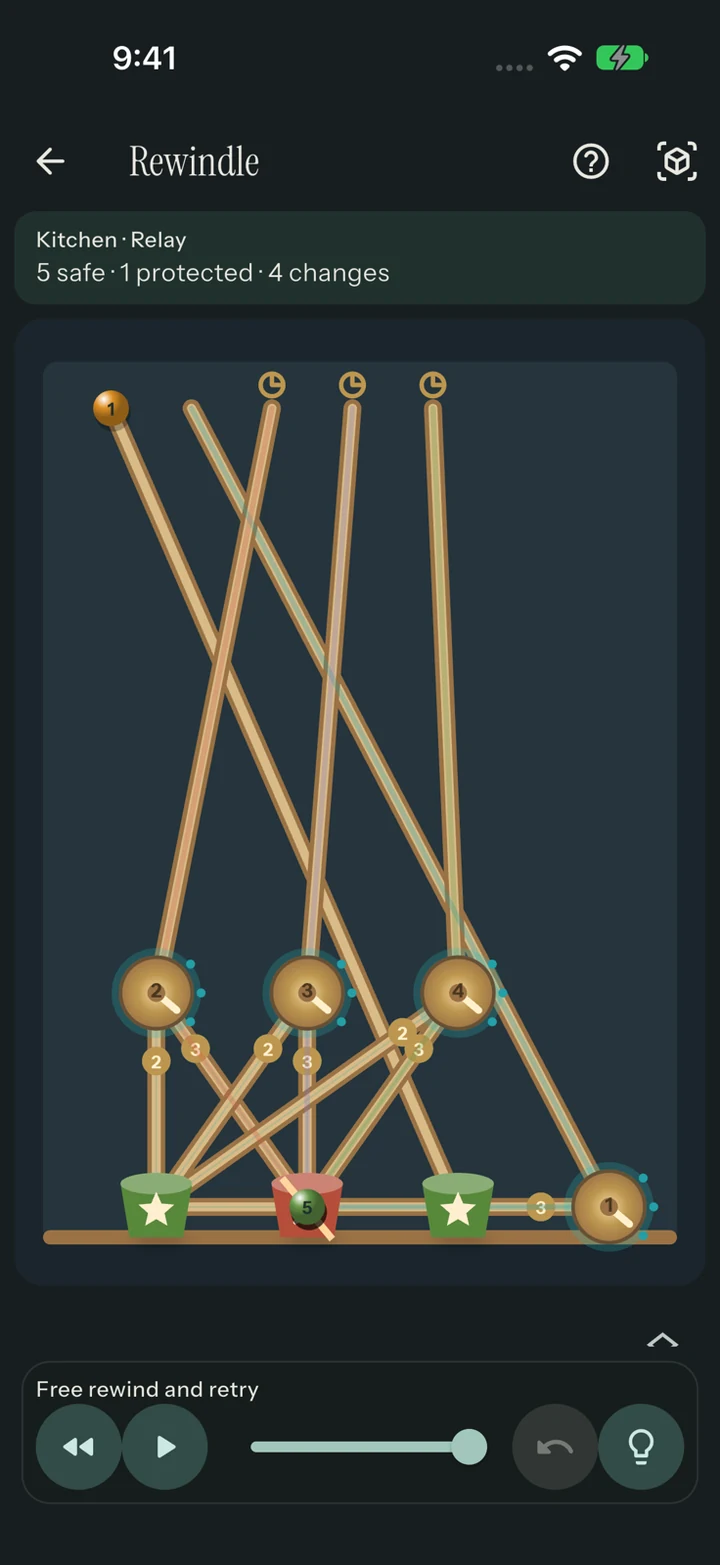 Rewindle: Study the switch rails and follow the chain reaction.