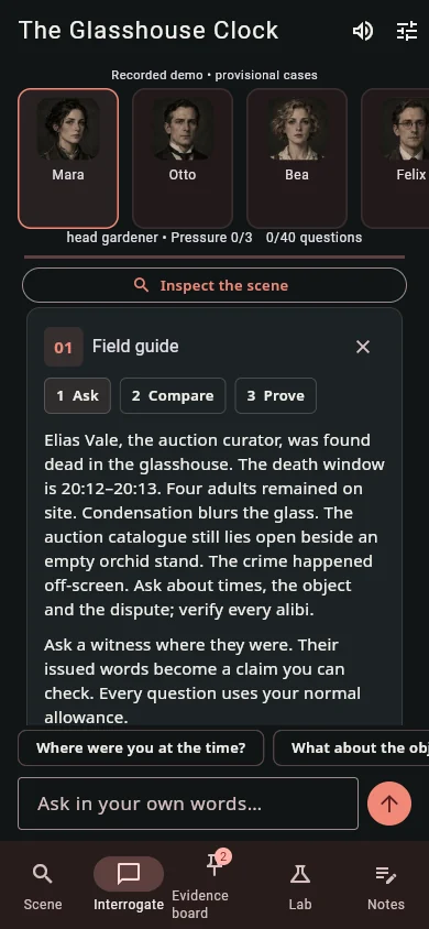 Suspect: The Glasshouse Clock: meet the witnesses.